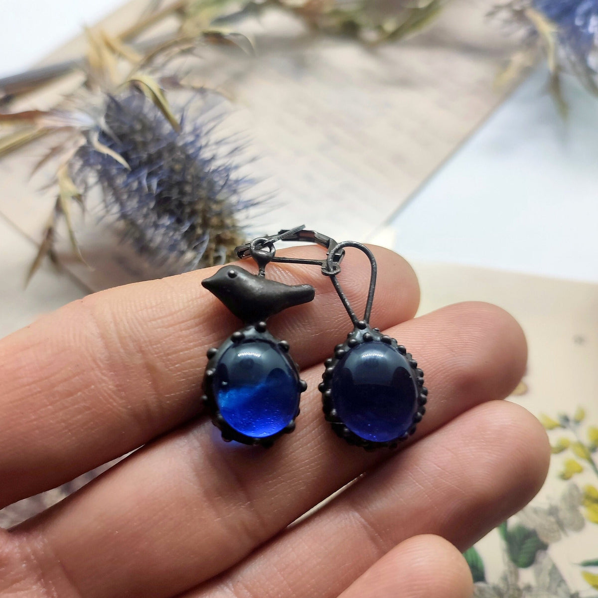 Cobalt Blue Glass Asymmetrical Bird Earrings – Blackened Copper
