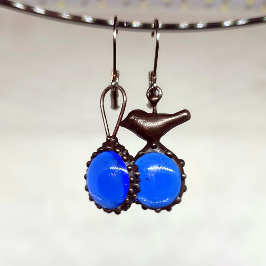 Cobalt Blue Glass Asymmetrical Bird Earrings – Blackened Copper
