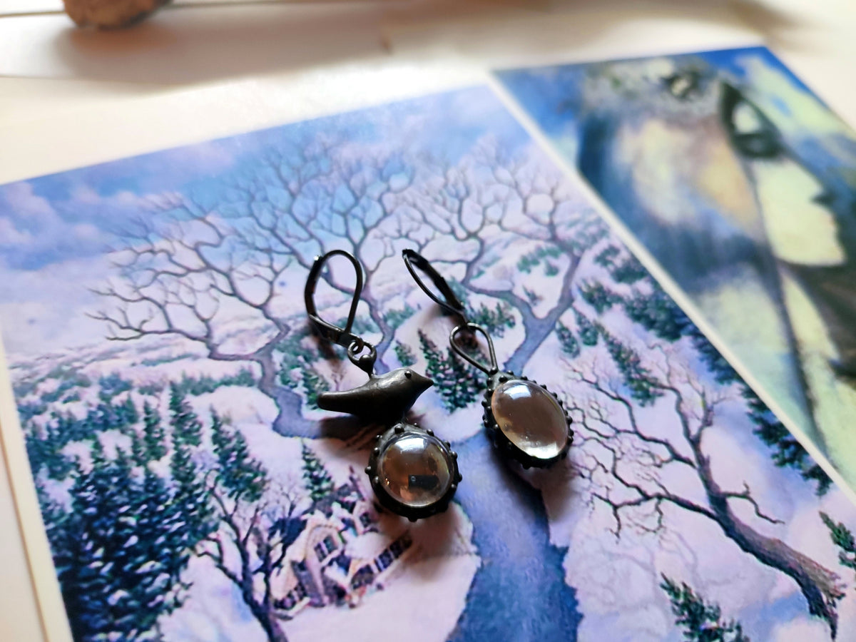Clear Glass Asymmetrical Bird Earrings – Blackened Copper