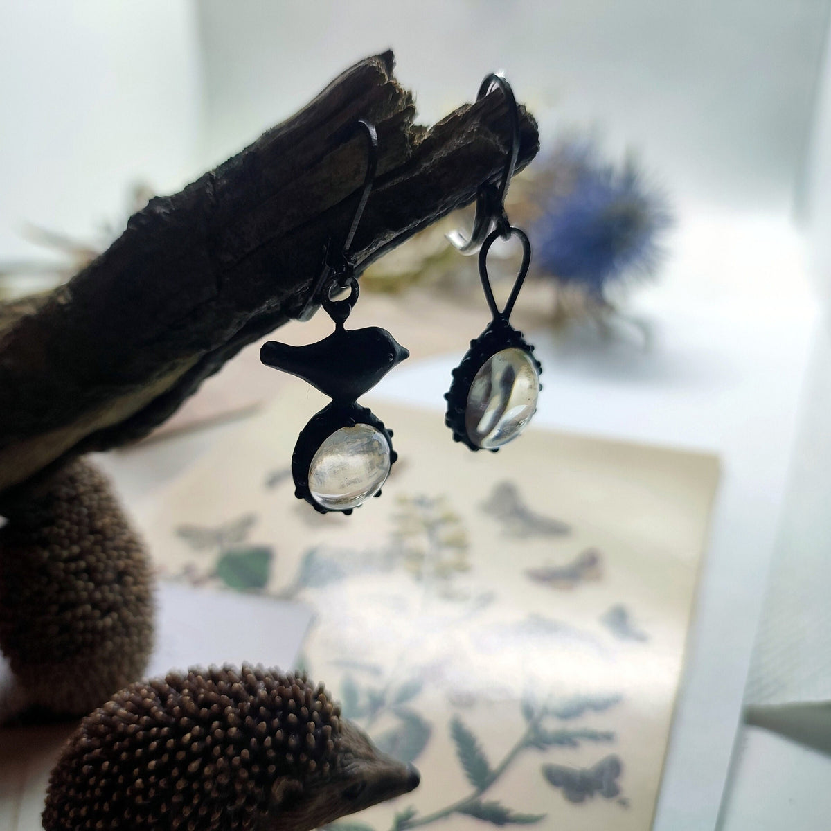 Clear Glass Asymmetrical Bird Earrings – Blackened Copper