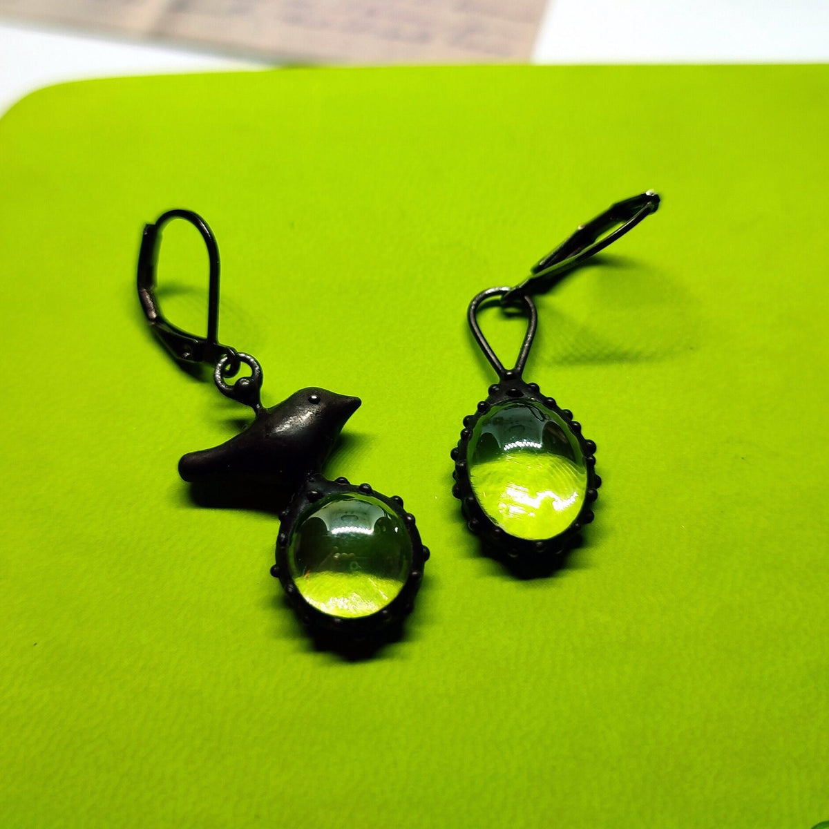 Clear Glass Asymmetrical Bird Earrings – Blackened Copper