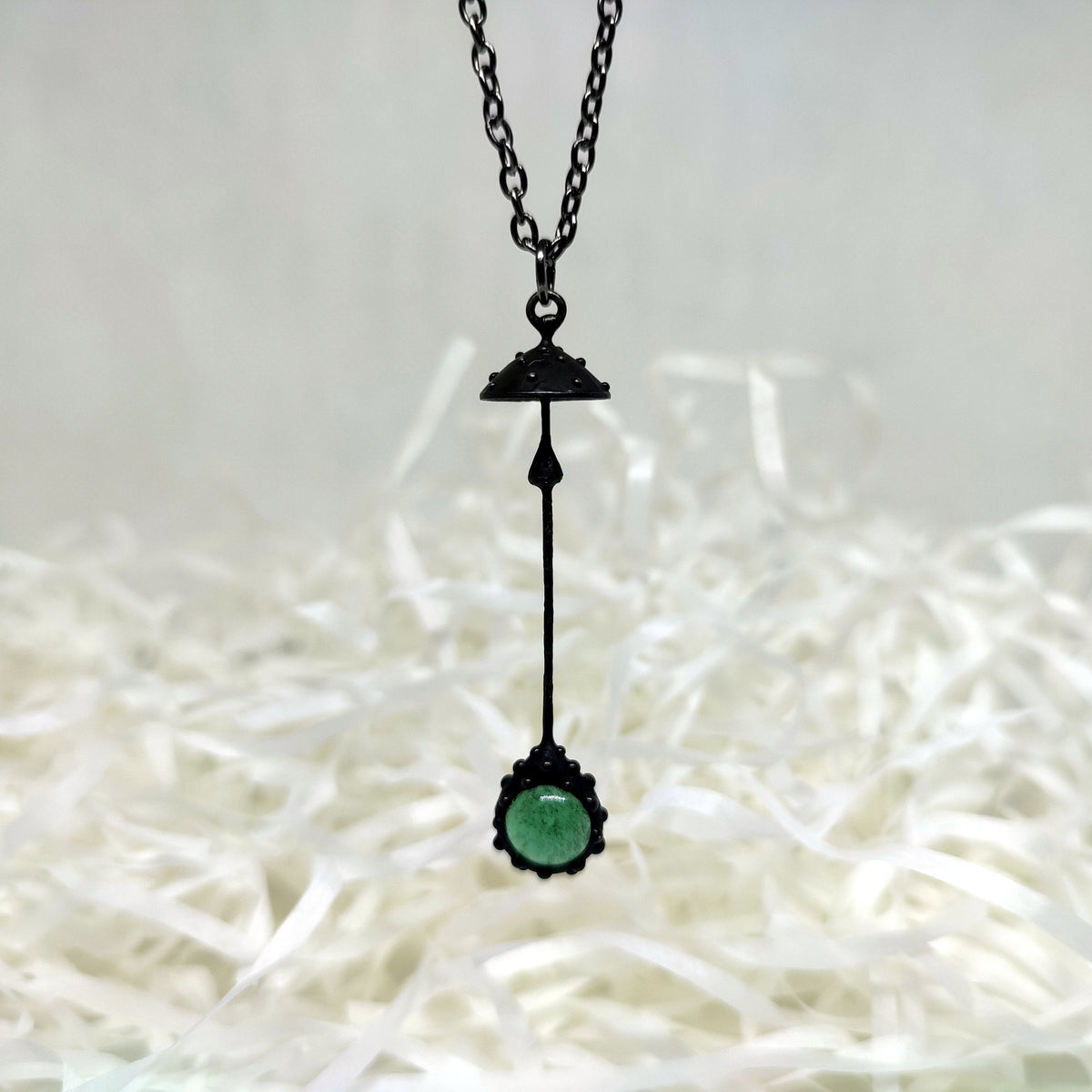 Green Glass Amanita Mushroom Necklace – Blackened Copper Long Stem Pendant – Forest