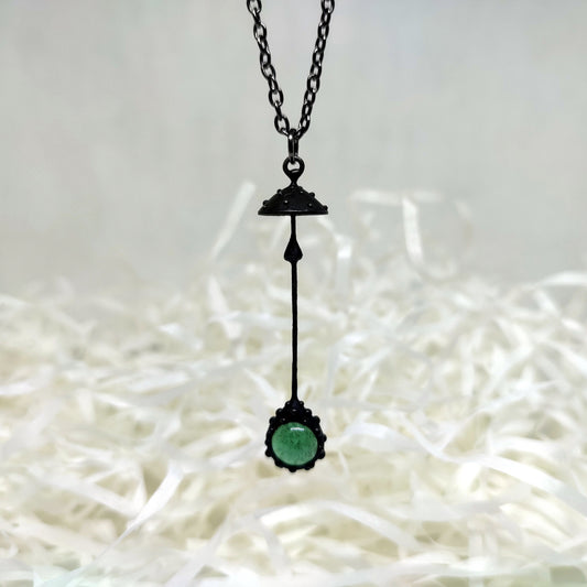 Green Glass Amanita Mushroom Necklace – Blackened Copper Long Stem Pendant – Forest