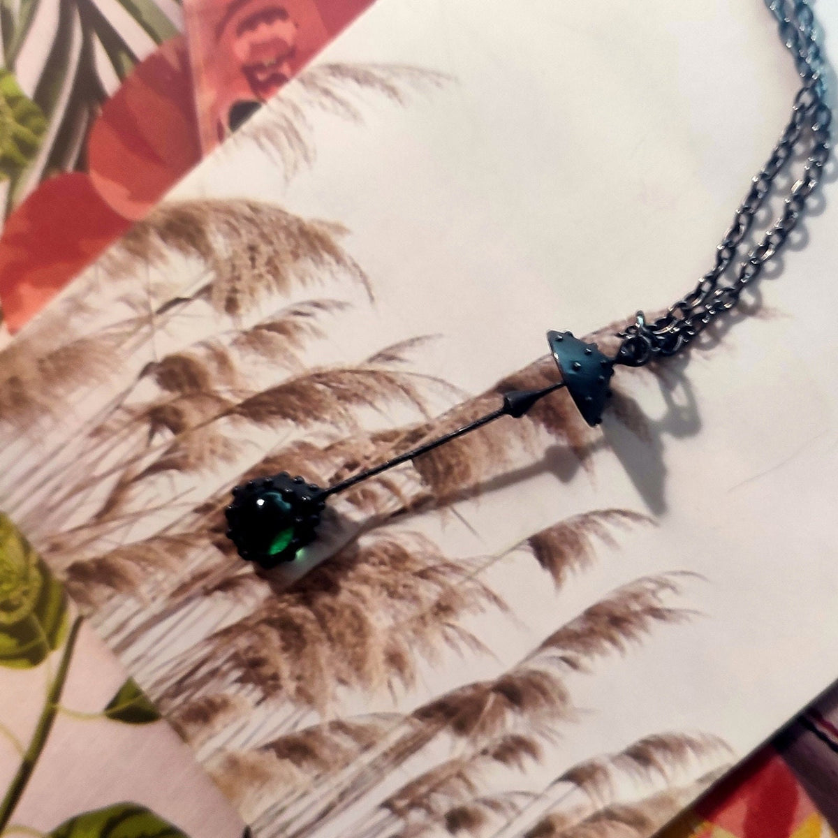 Green Glass Amanita Mushroom Necklace – Blackened Copper Long Stem Pendant – Forest