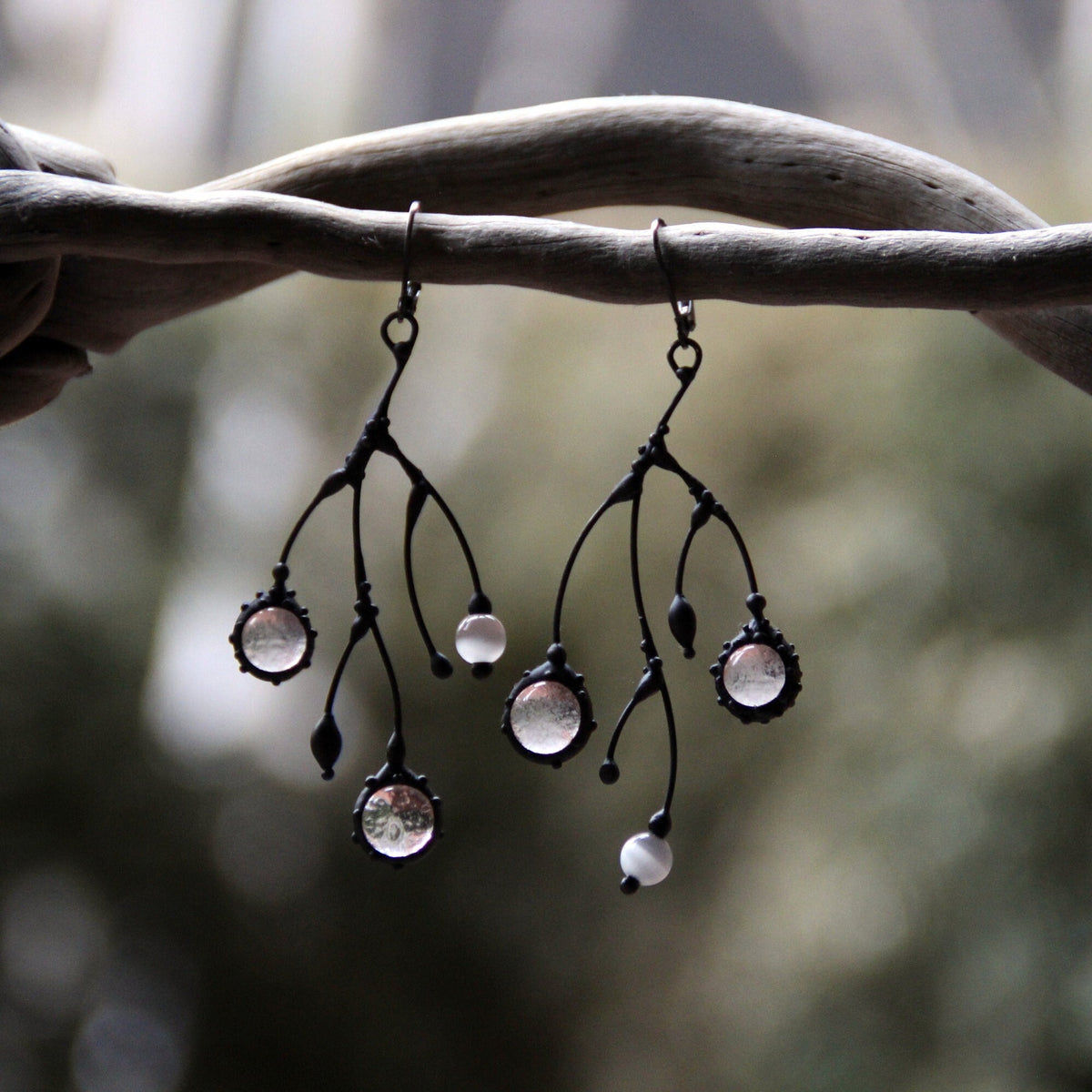Clear Glass Branch Earrings – Blackened Copper