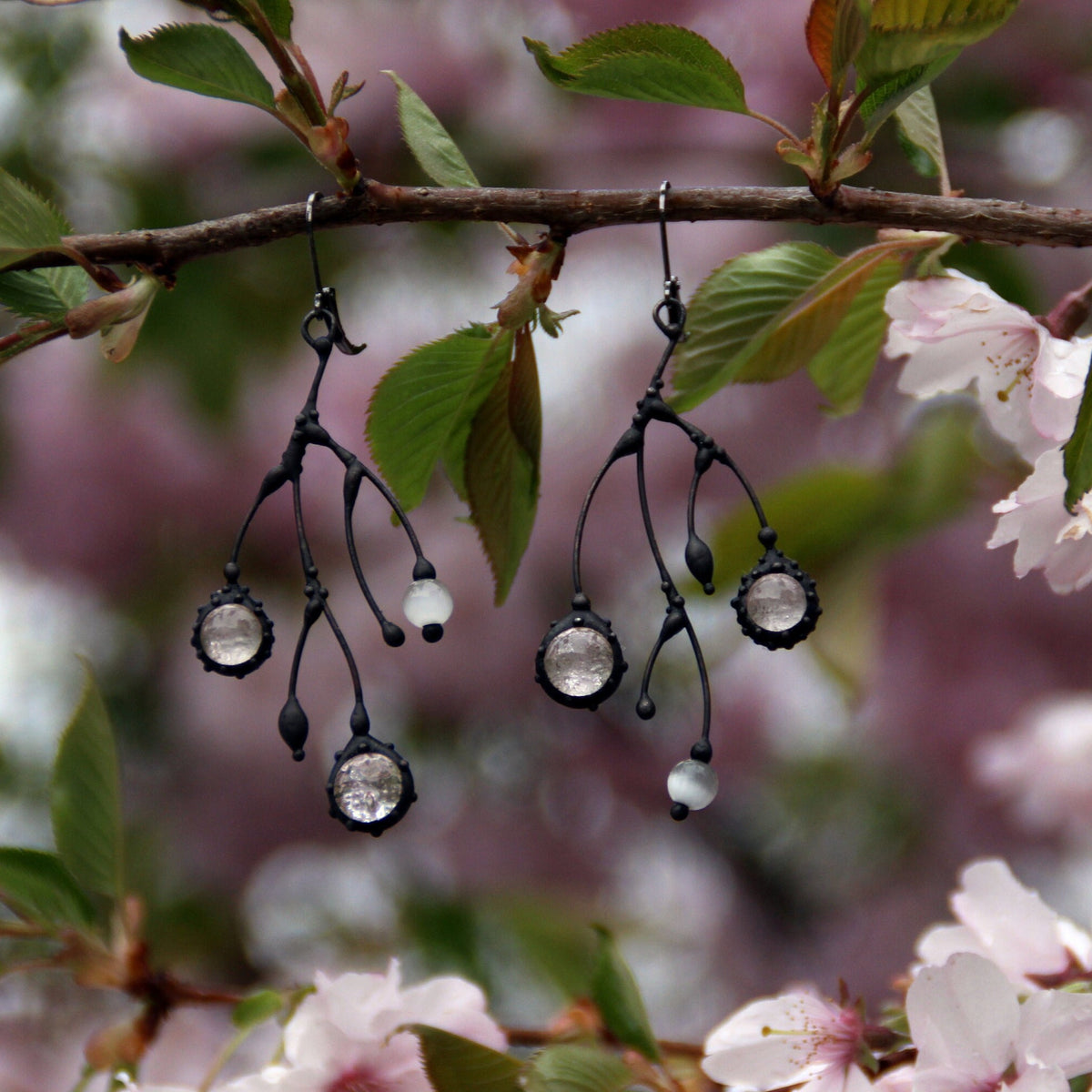 Clear Glass Branch Earrings – Blackened Copper