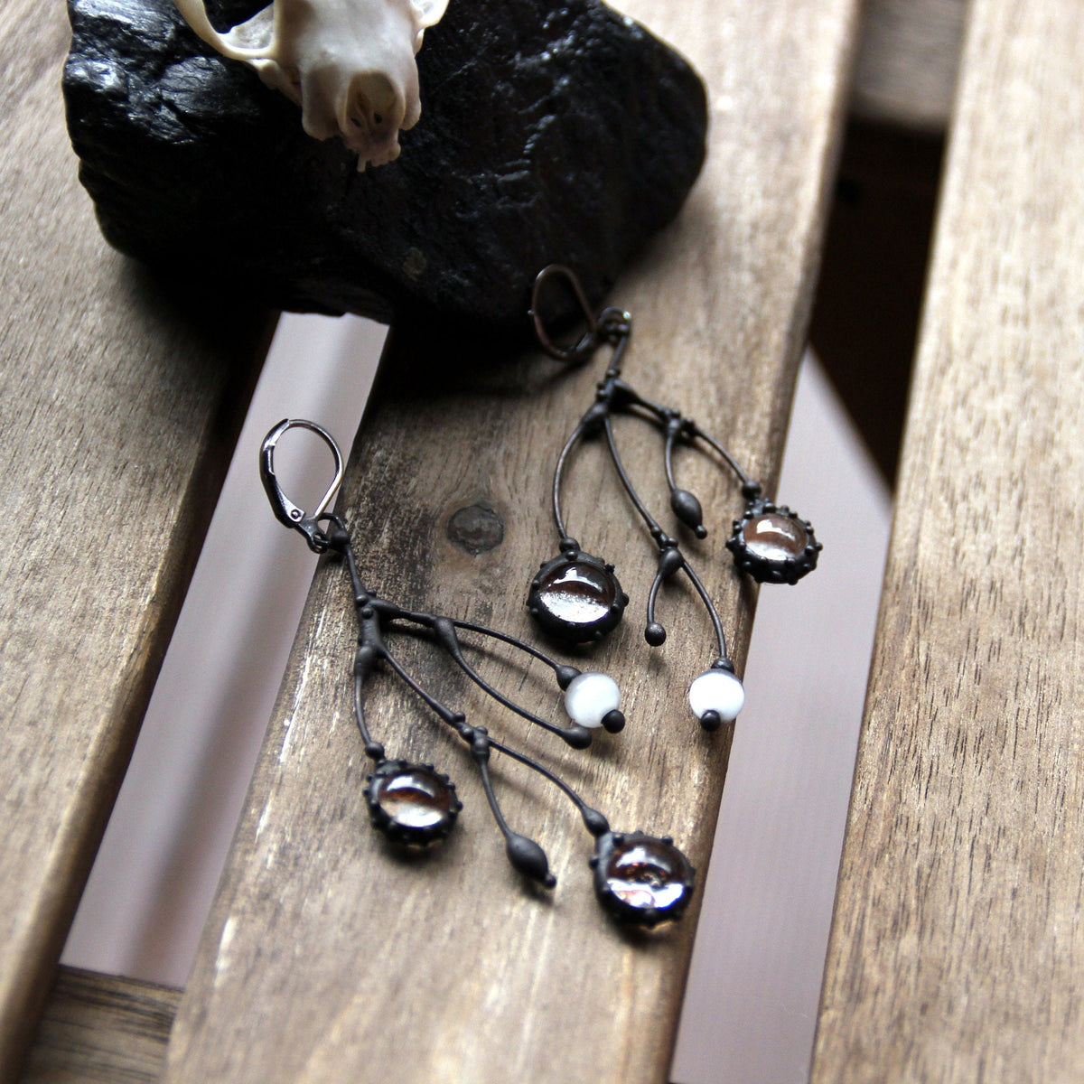 Clear Glass Branch Earrings – Blackened Copper