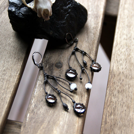 Clear Glass Branch Earrings – Blackened Copper
