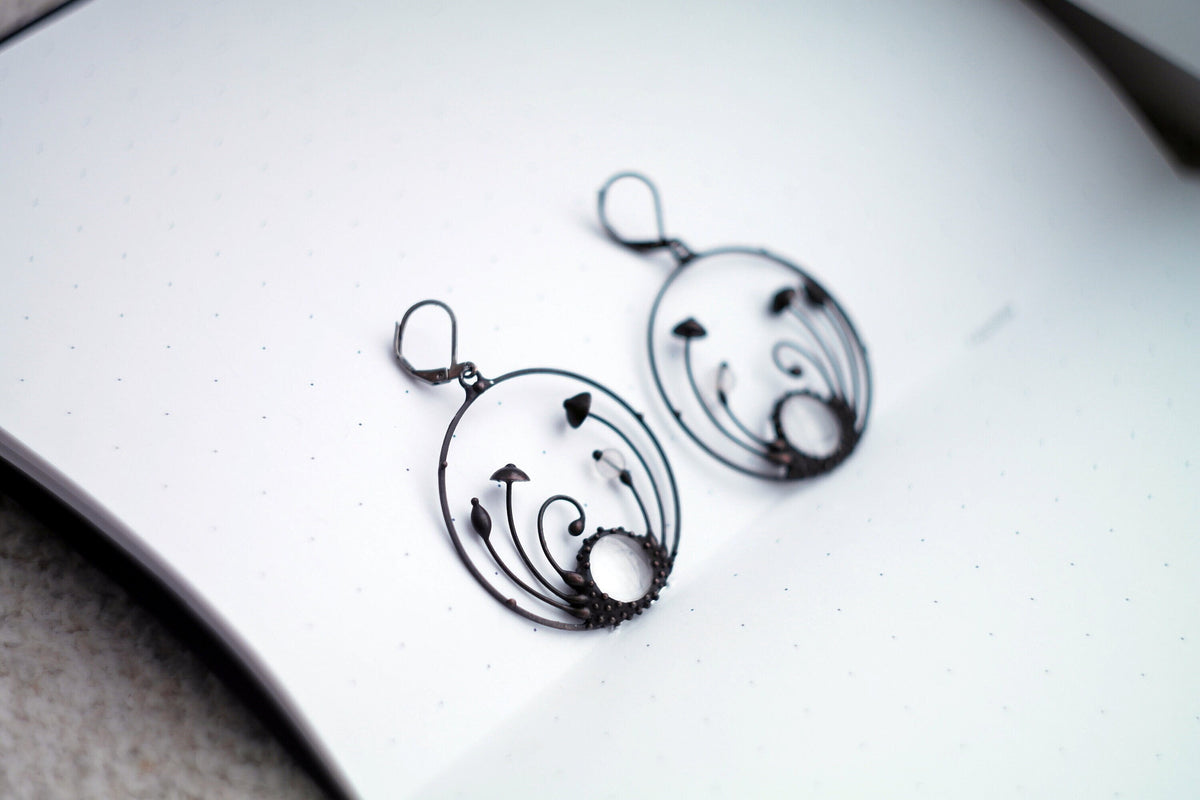 Clear Glass Mushroom Hoop Earrings – Blackened Copper & Pewter Forest – Botanical