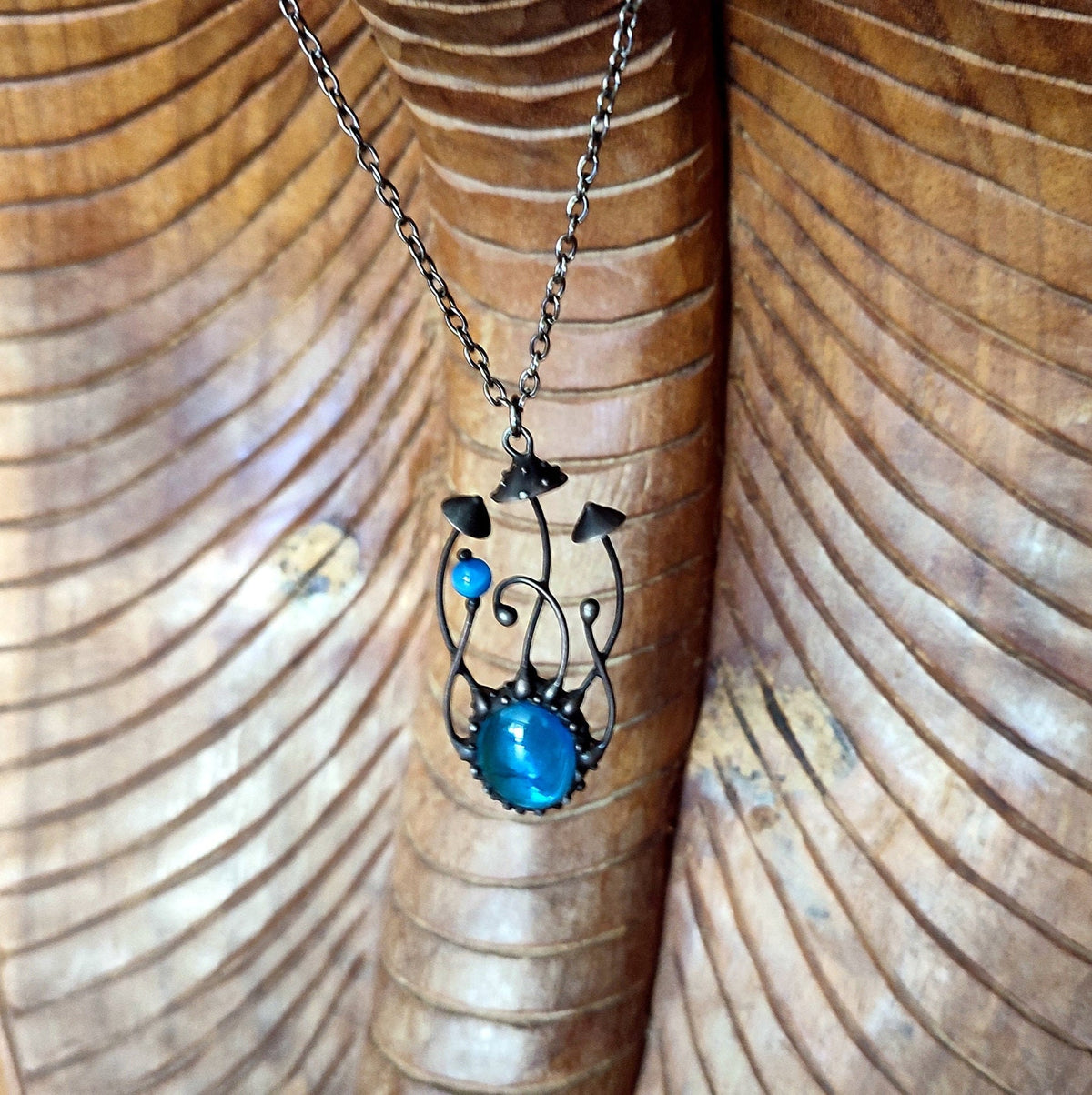 Blue Glass Amanita Mushroom Necklace – Blackened Copper & Pewter Forest Pendant