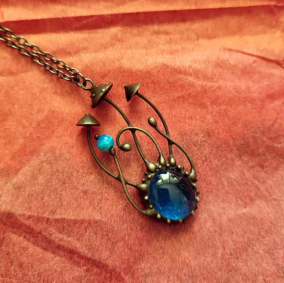 Blue Glass Amanita Mushroom Necklace – Blackened Copper & Pewter Forest Pendant