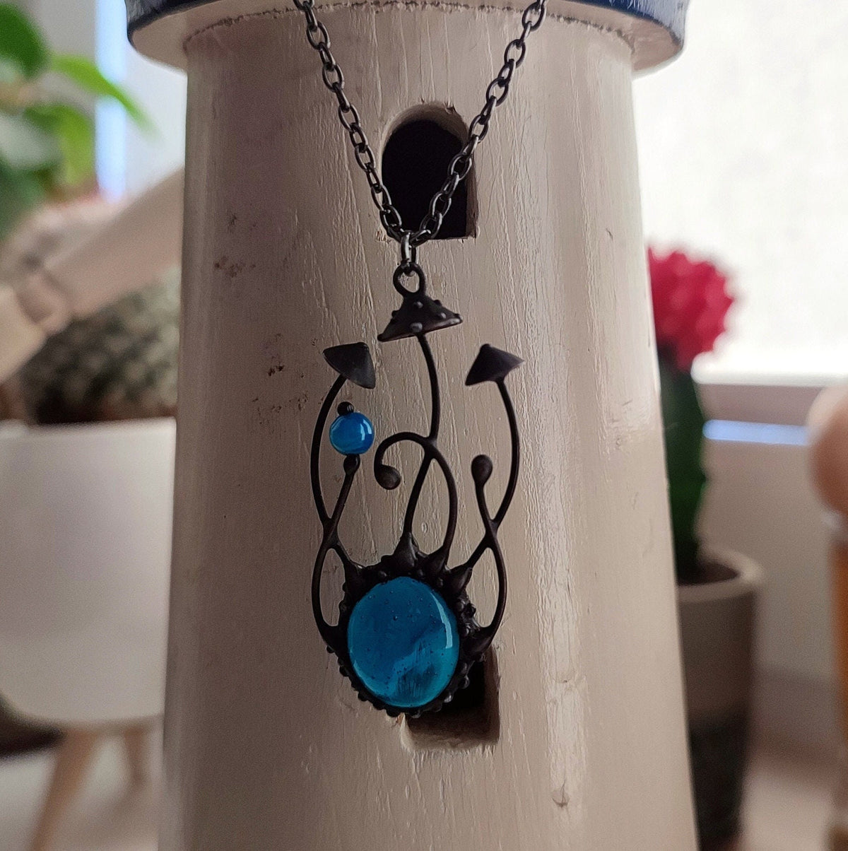 Blue Glass Amanita Mushroom Necklace – Blackened Copper & Pewter Forest Pendant