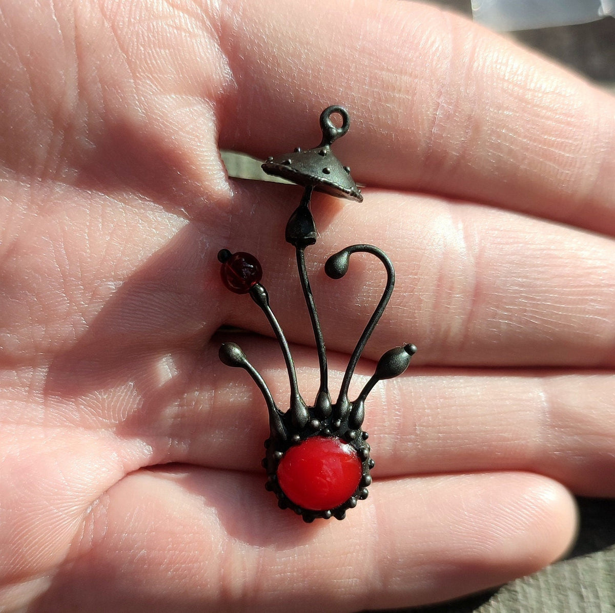 Red Glass Amanita Mushroom Necklace – Blackened Copper & Pewter Forest Pendant