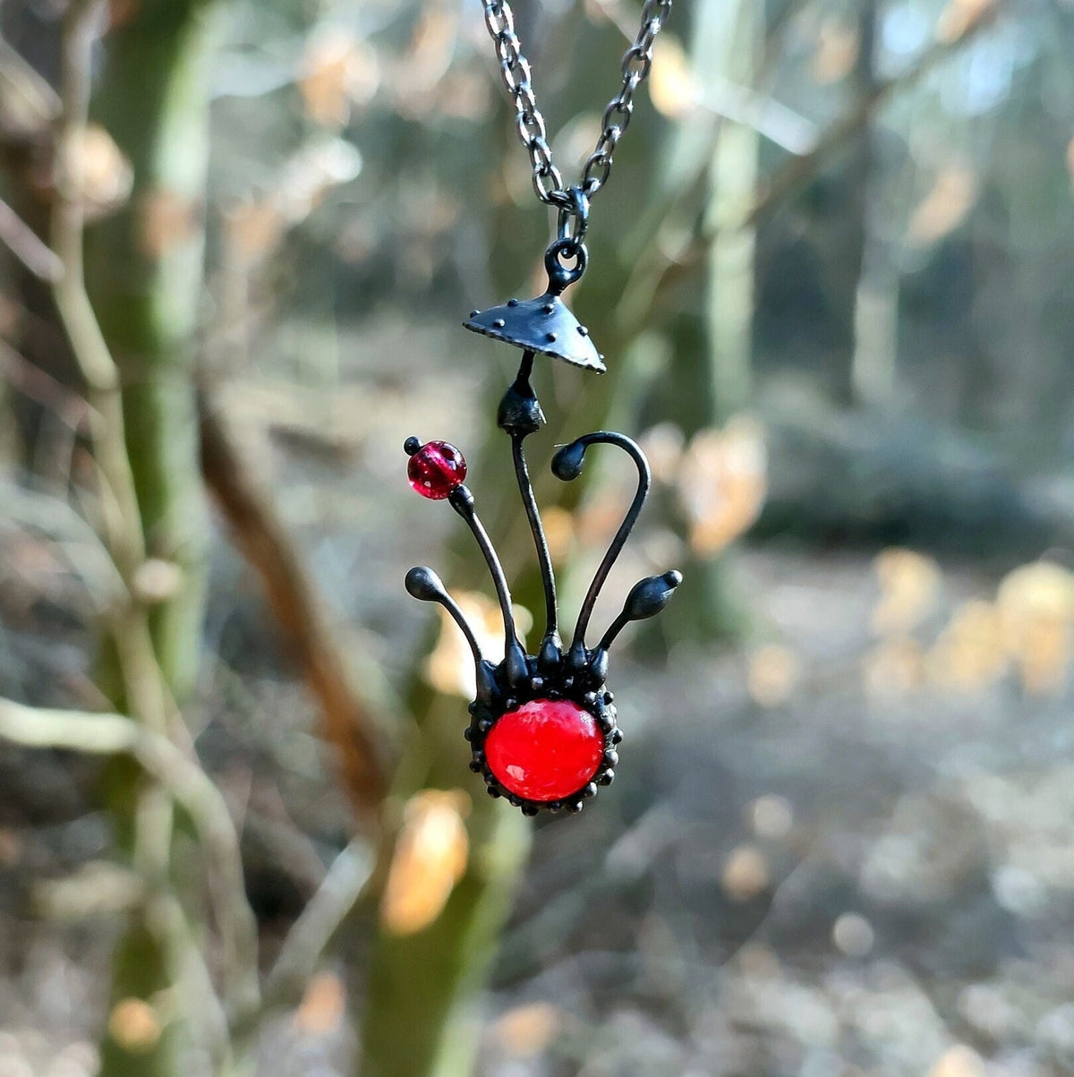 Red Glass Amanita Mushroom Necklace – Blackened Copper & Pewter Forest Pendant