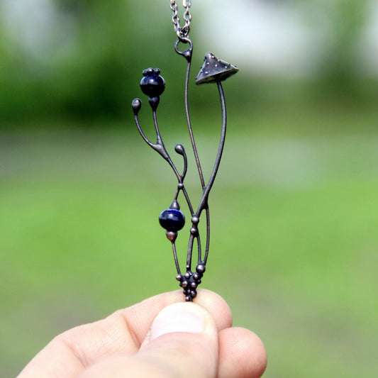 Blue Ceramic Amanita Mushroom Necklace – Blackened Copper