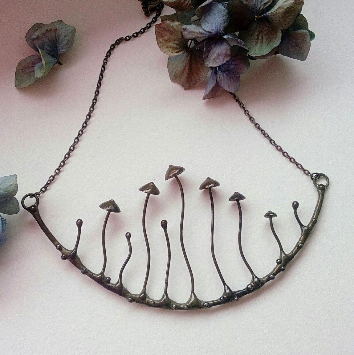 Large Mushroom Arc Necklace – Blackened Copper & Pewter Forest Collar – Sculptural Botanical