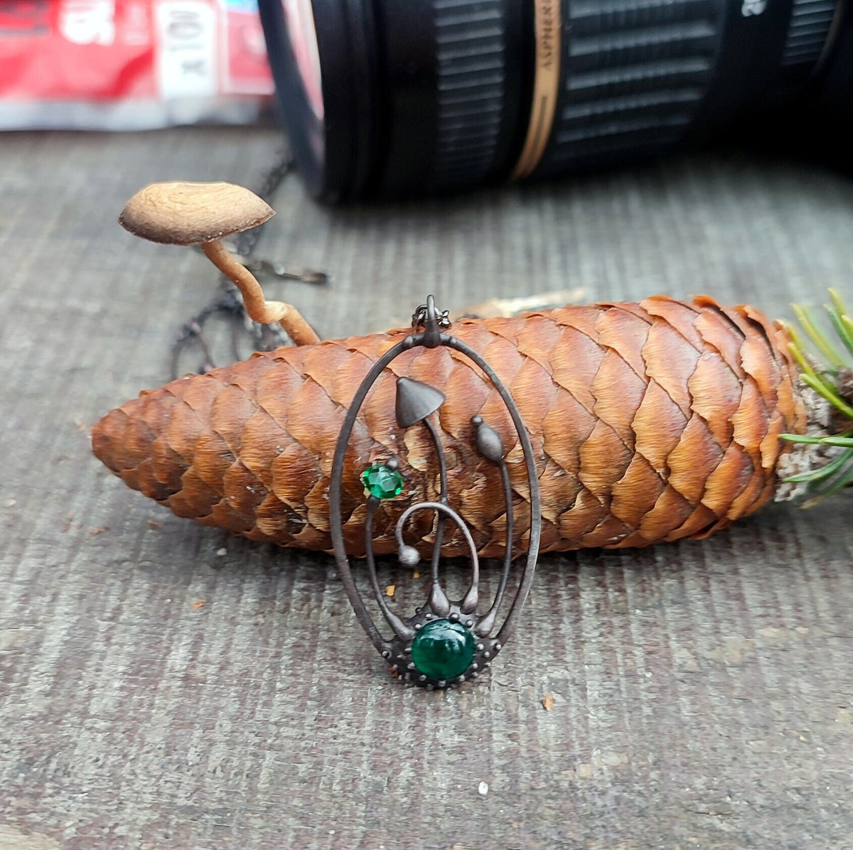 Green Glass Mushroom Necklace – Blackened Copper Oval Forest Pendant – Magic Mushroom