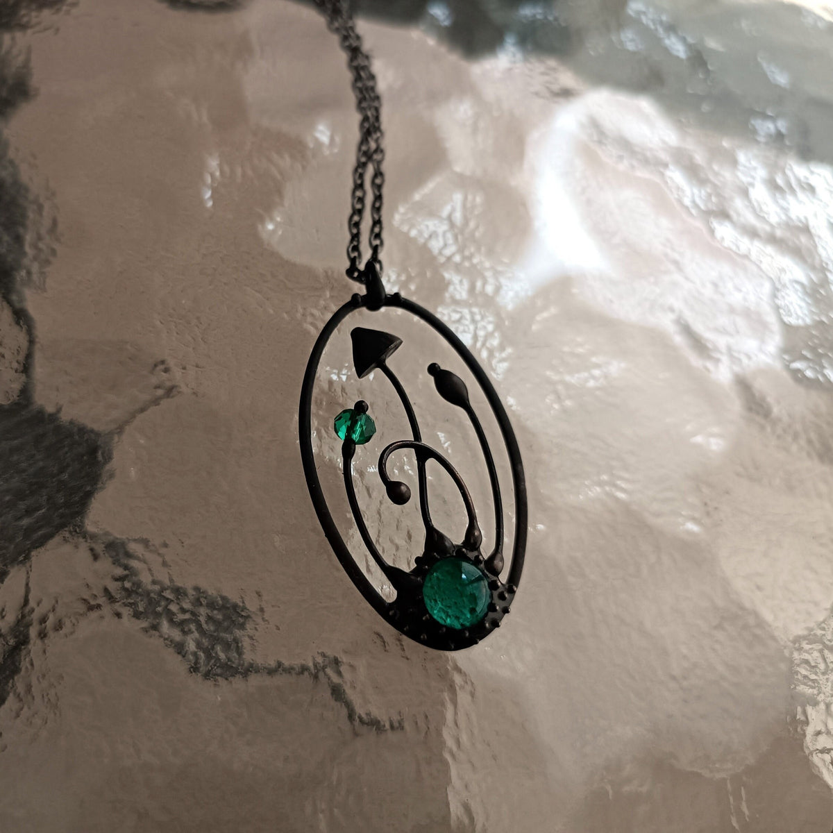 Green Glass Mushroom Necklace – Blackened Copper Oval Forest Pendant – Magic Mushroom