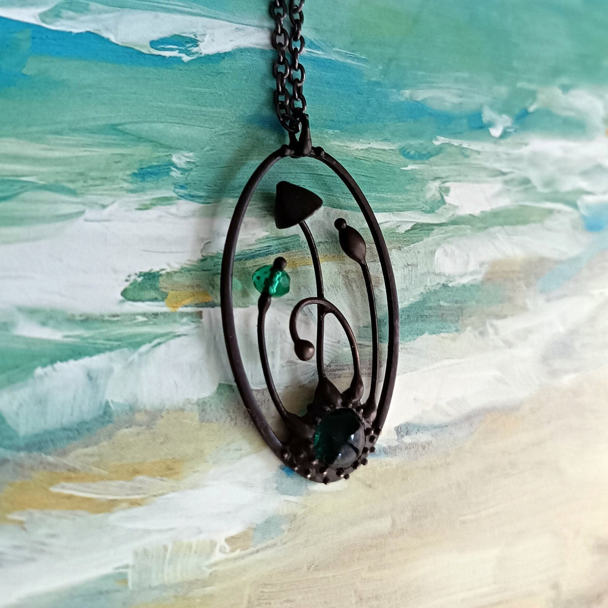 Green Glass Mushroom Necklace – Blackened Copper Oval Forest Pendant – Magic Mushroom