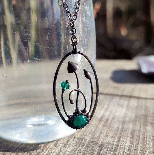 Green Glass Mushroom Necklace – Blackened Copper Oval Forest Pendant – Magic Mushroom