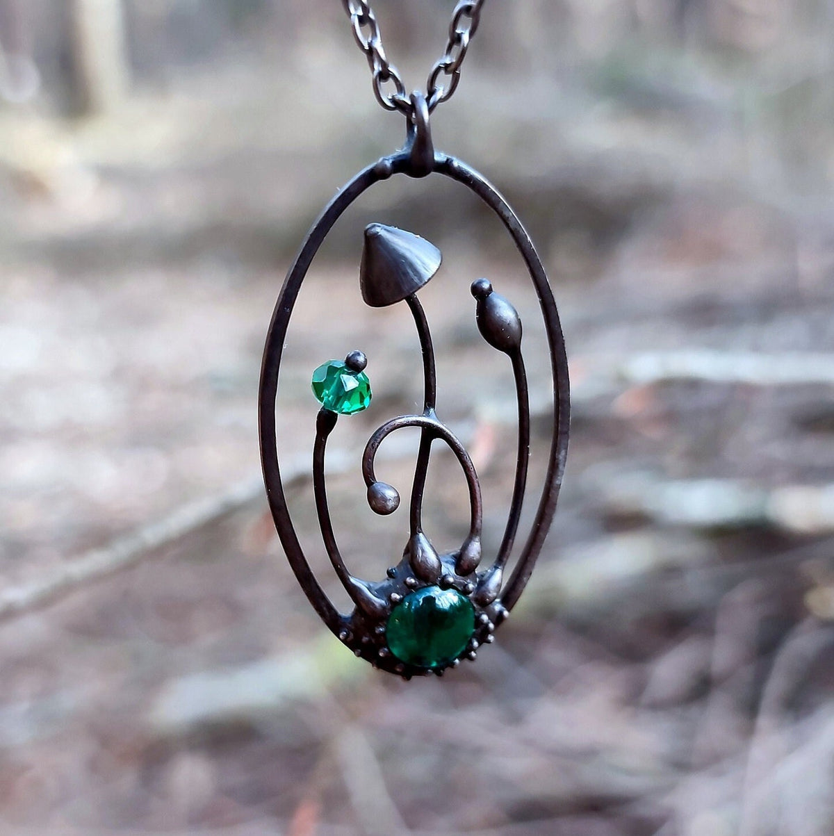 Green Glass Mushroom Necklace – Blackened Copper Oval Forest Pendant – Magic Mushroom