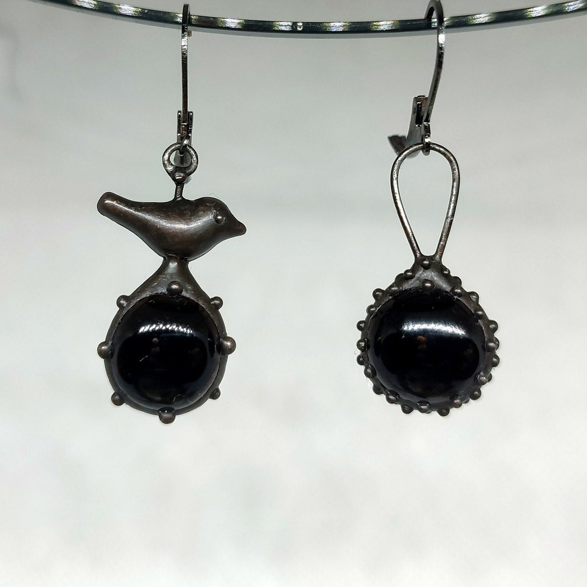 Black Glass Asymmetrical Bird Earrings – Blackened Copper