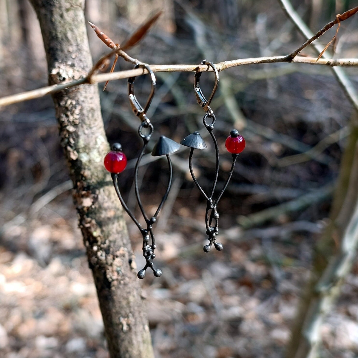 Red Glass Mushroom Earrings – Blackened Copper & Pewter Forest Dangles – Botanical
