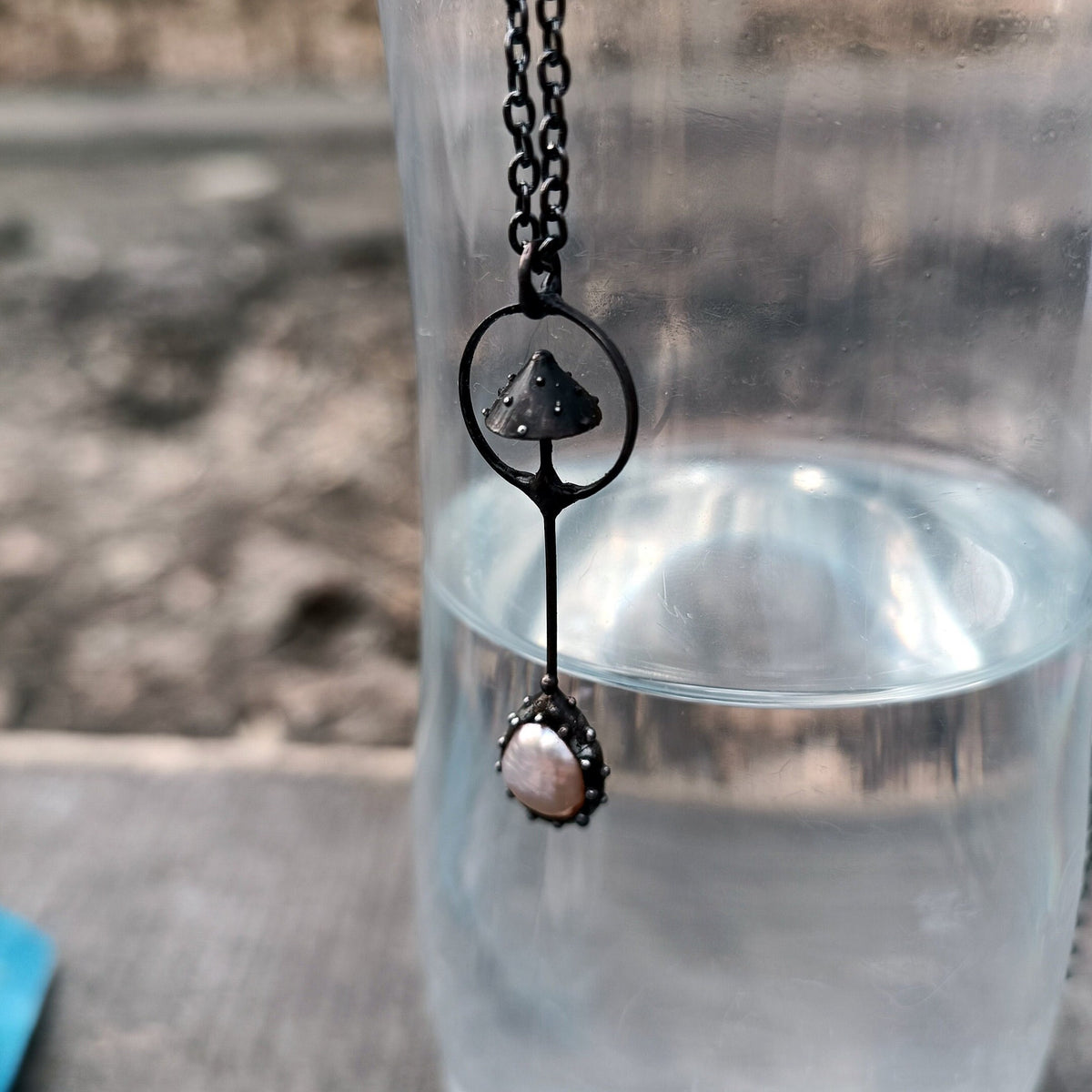 Pink Pearl Amanita Mushroom Necklace – Blackened Copper