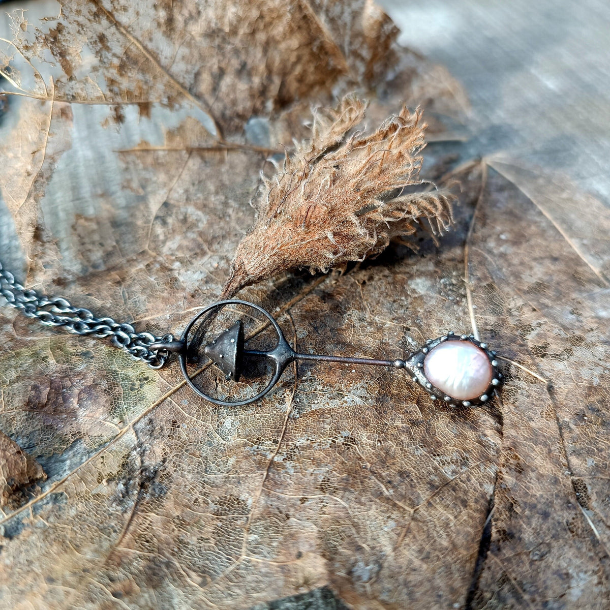 Pink Pearl Amanita Mushroom Necklace – Blackened Copper