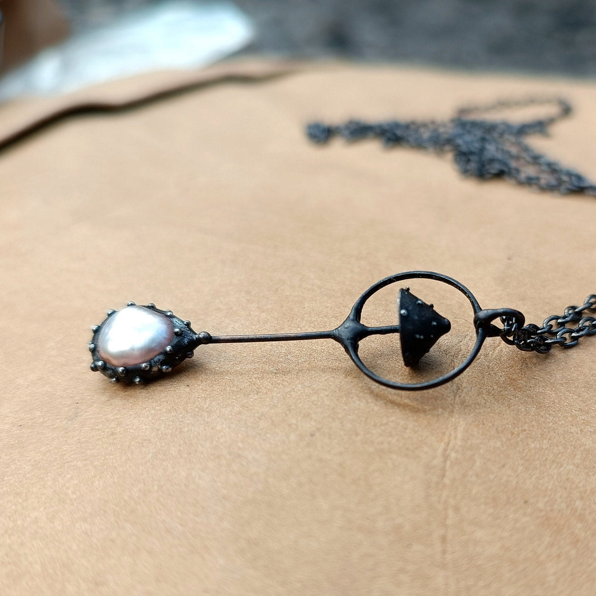 Pink Pearl Amanita Mushroom Necklace – Blackened Copper