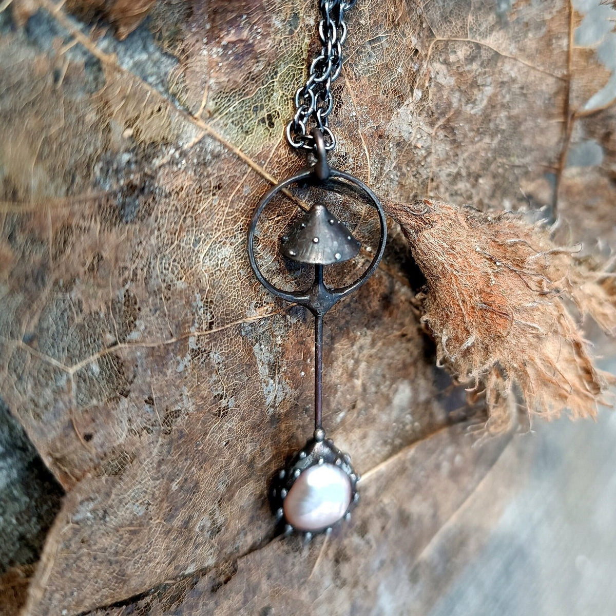 Pink Pearl Amanita Mushroom Necklace – Blackened Copper