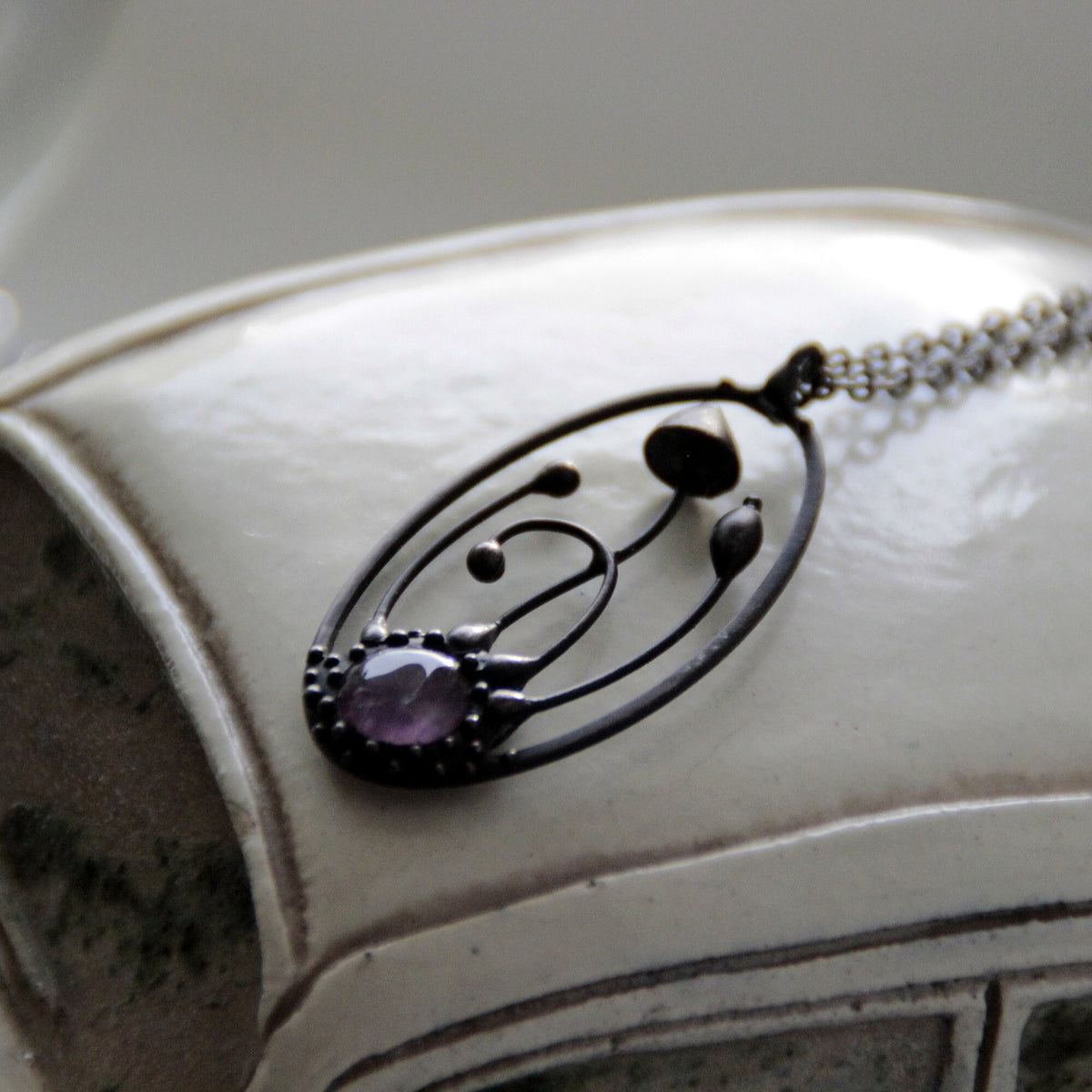 Amethyst Mushroom Necklace – Blackened Copper & Pewter Oval Forest Pendant – Botanical