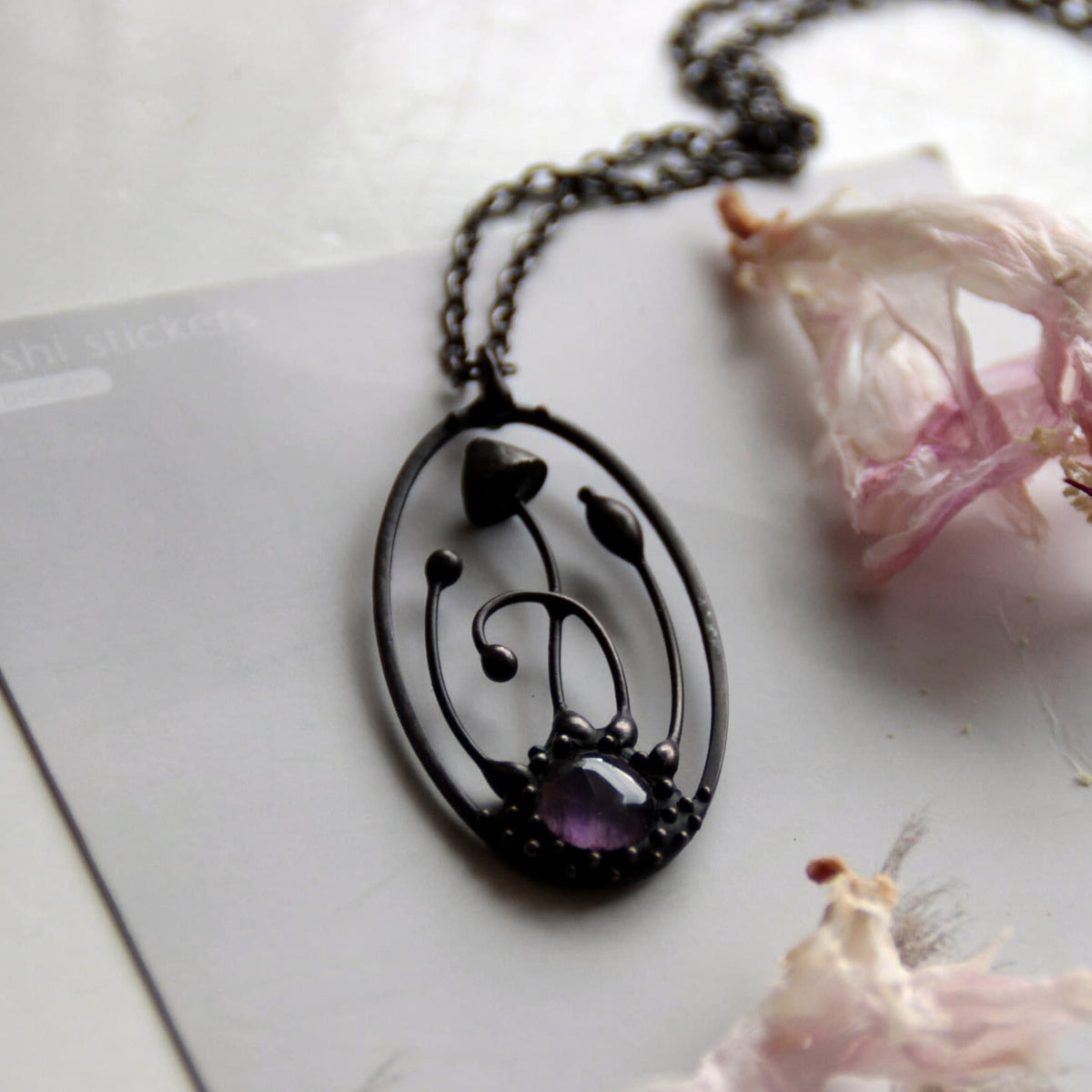 Amethyst Mushroom Necklace – Blackened Copper & Pewter Oval Forest Pendant – Botanical