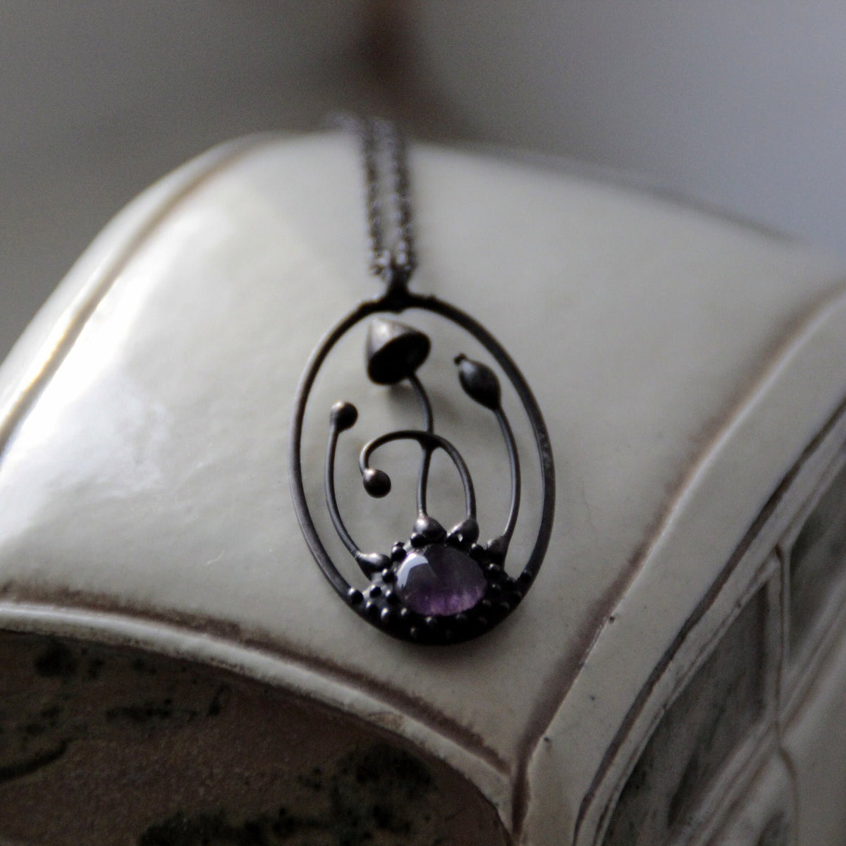 Amethyst Mushroom Necklace – Blackened Copper & Pewter Oval Forest Pendant – Botanical