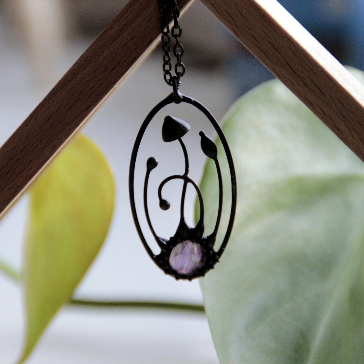 Amethyst Mushroom Necklace – Blackened Copper & Pewter Oval Forest Pendant – Botanical