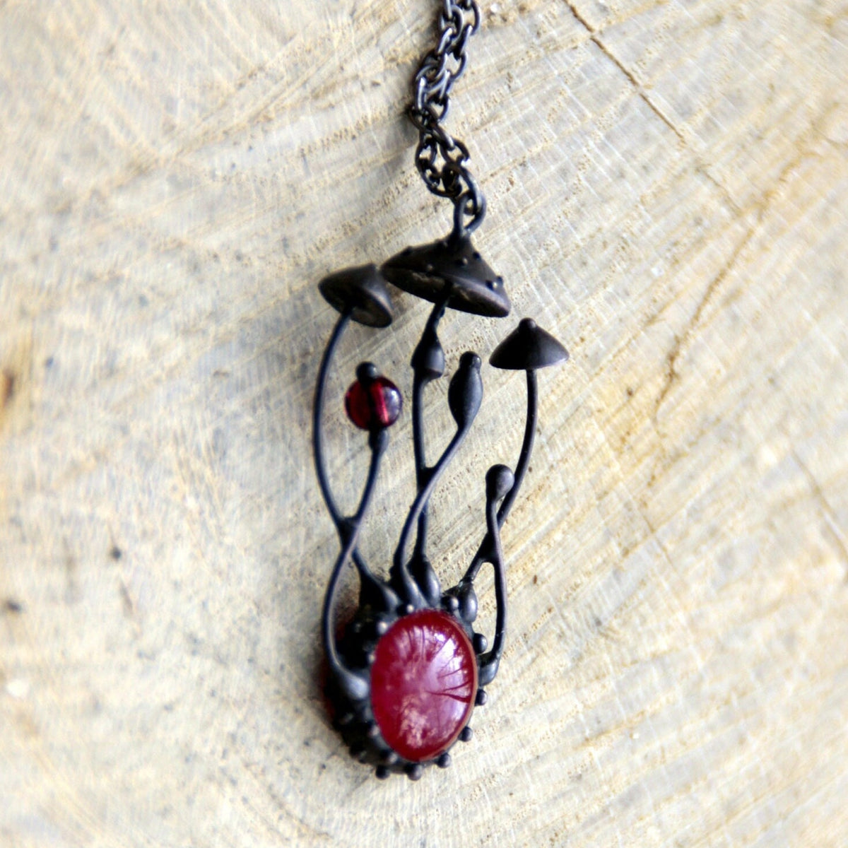 Red Glass Amanita Mushroom Necklace – Blackened Copper & Pewter Forest Pendant – Botanical