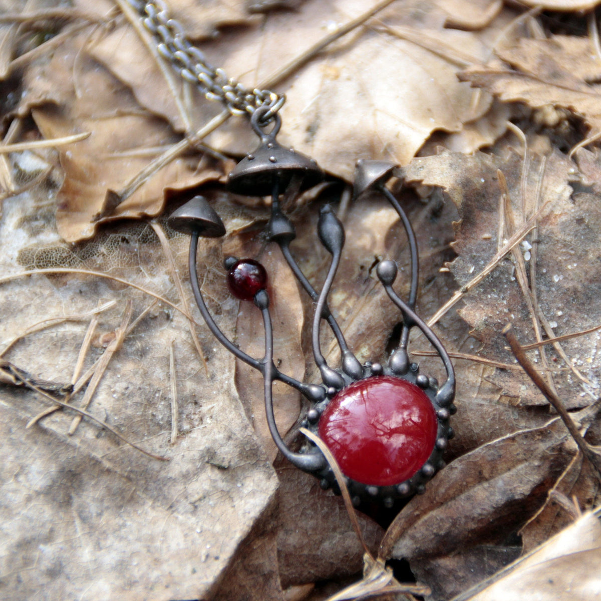 Red Glass Amanita Mushroom Necklace – Blackened Copper & Pewter Forest Pendant – Botanical