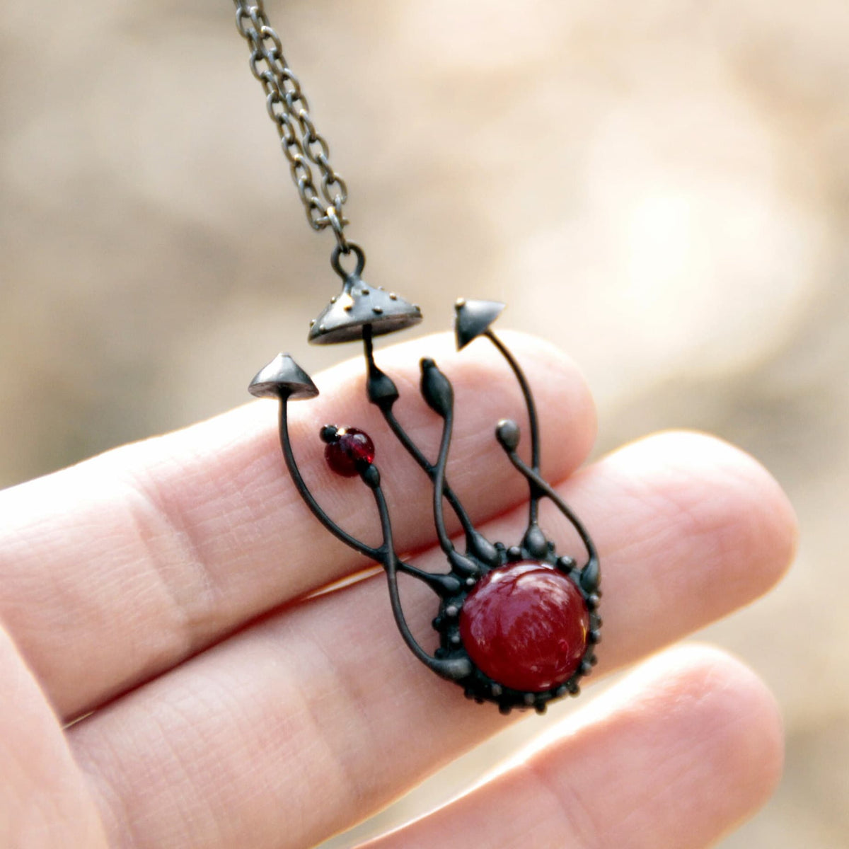 Red Glass Amanita Mushroom Necklace – Blackened Copper & Pewter Forest Pendant – Botanical