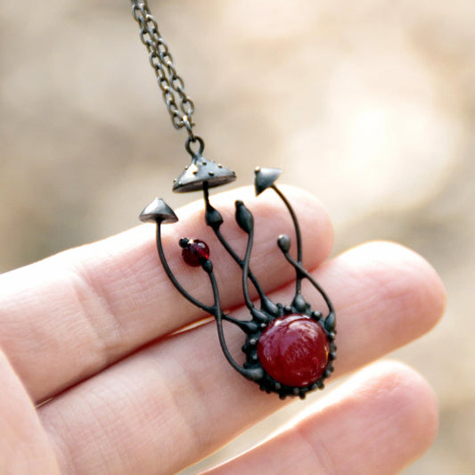 Red Glass Amanita Mushroom Necklace – Blackened Copper & Pewter Forest Pendant – Botanical