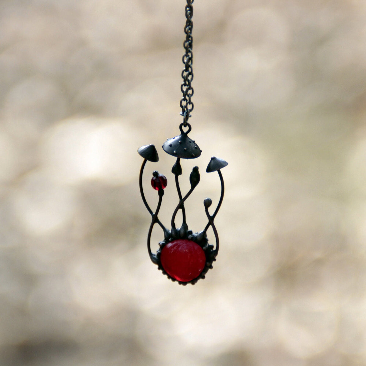 Red Glass Amanita Mushroom Necklace – Blackened Copper & Pewter Forest Pendant – Botanical