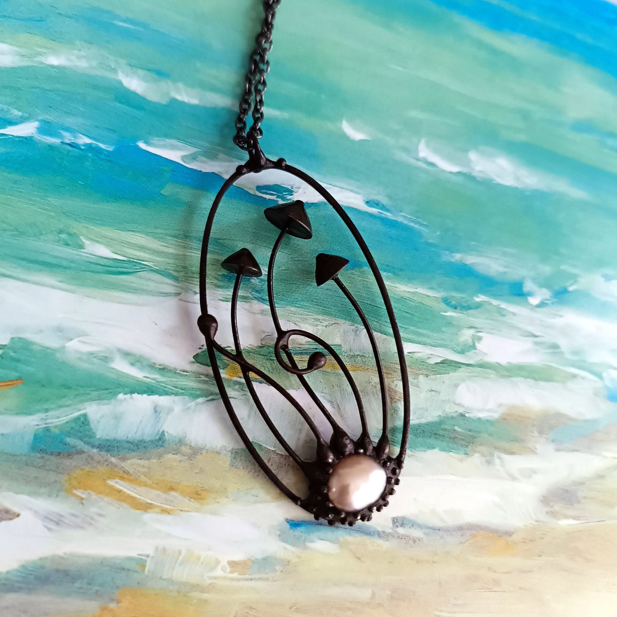 Pearl Mushroom Necklace – Blackened Copper