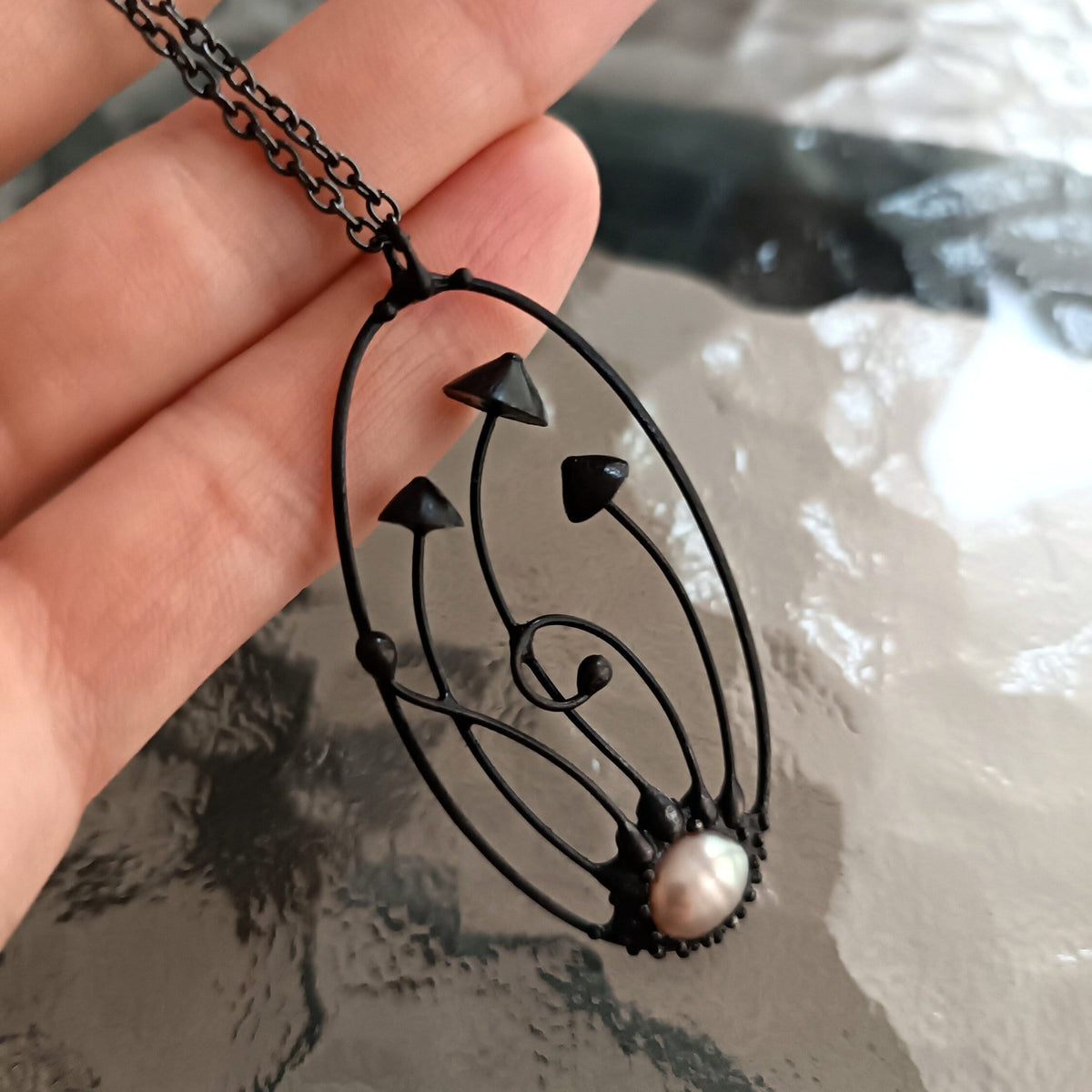 Pearl Mushroom Necklace – Blackened Copper