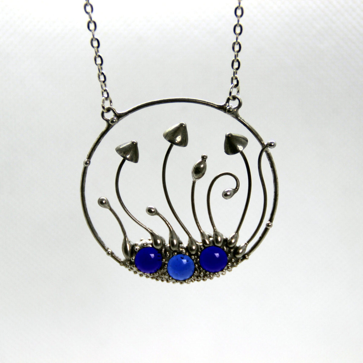 Cobalt Blue Glass Mushroom Necklace – Silver Tone