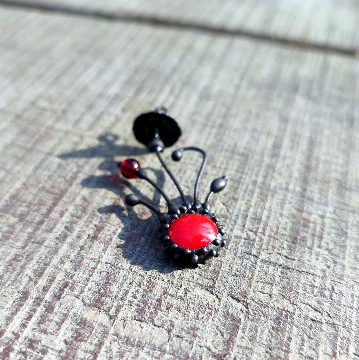 Red Glass Amanita Mushroom Necklace – Blackened Copper & Pewter Forest Pendant