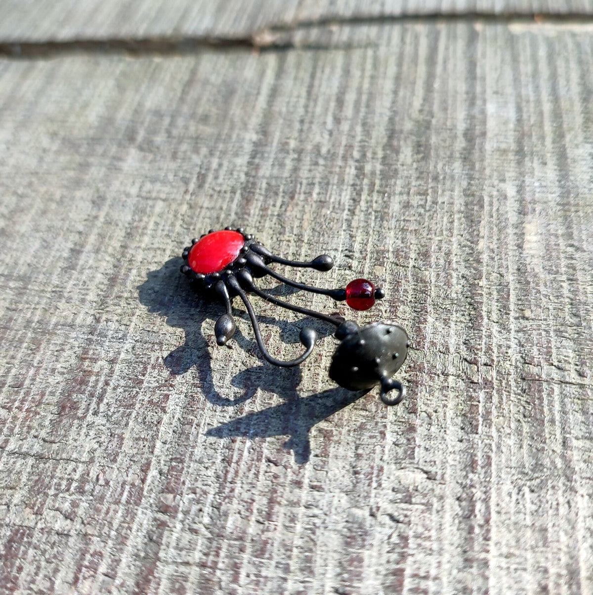 Red Glass Amanita Mushroom Necklace – Blackened Copper & Pewter Forest Pendant