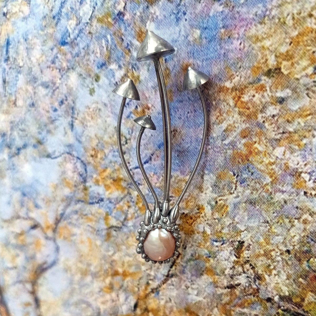 Pearl Mushroom Brooch – Silver Tone
