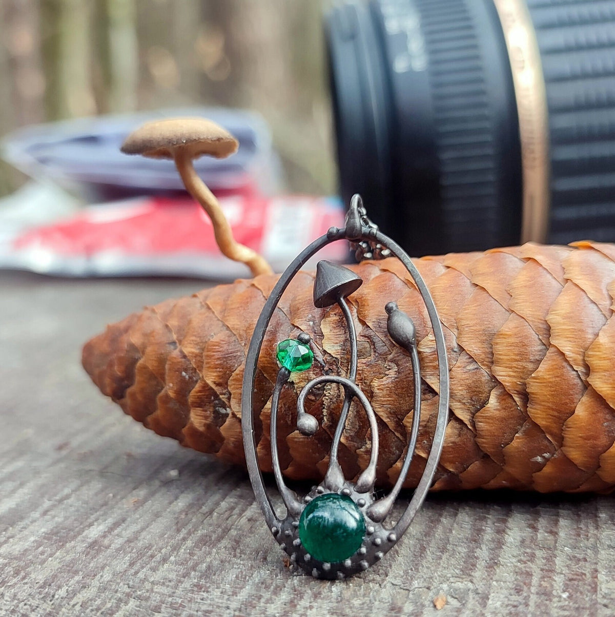 Green Glass Mushroom Necklace – Blackened Copper Oval Forest Pendant – Magic Mushroom