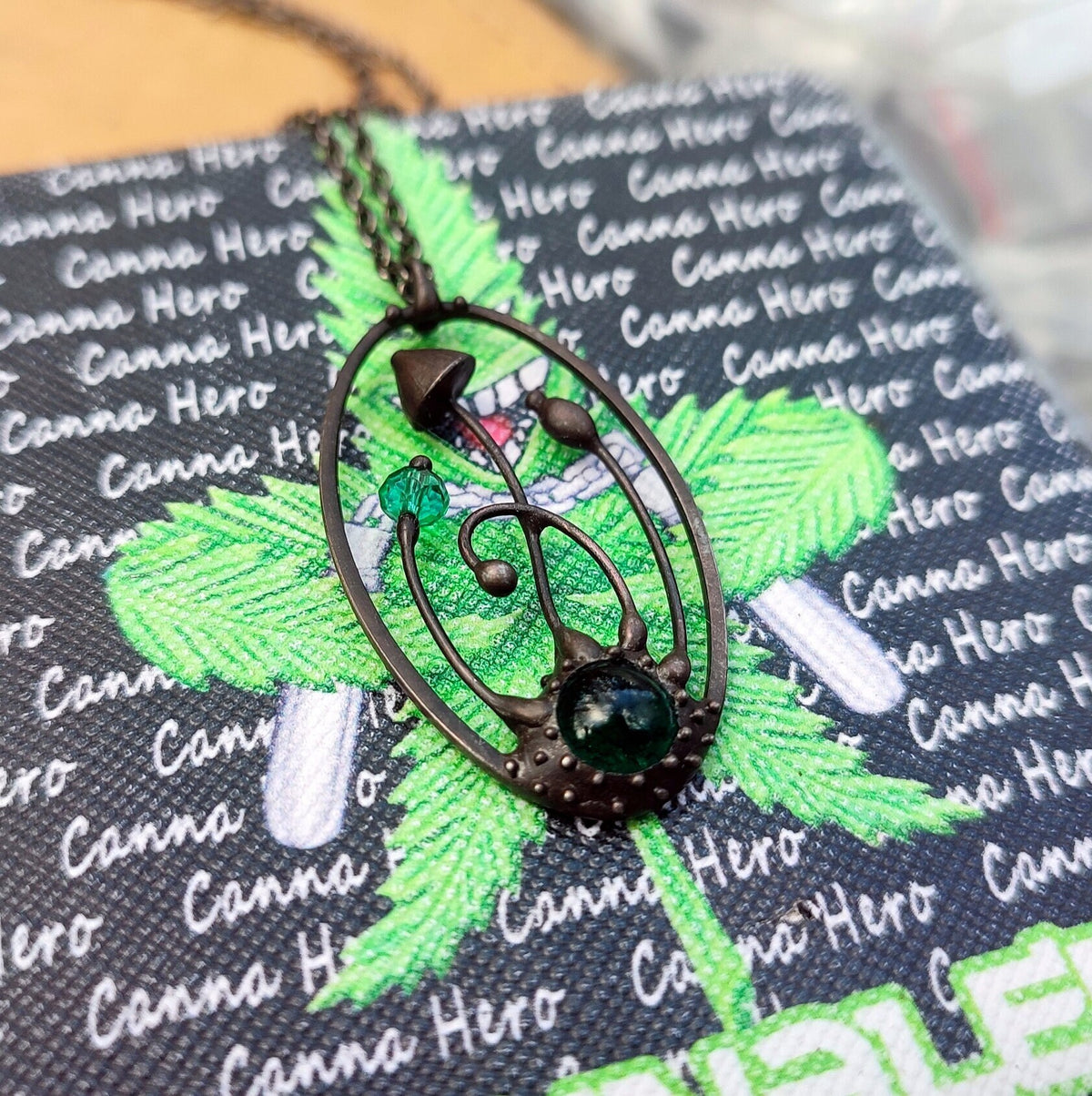 Green Glass Mushroom Necklace – Blackened Copper Oval Forest Pendant – Magic Mushroom
