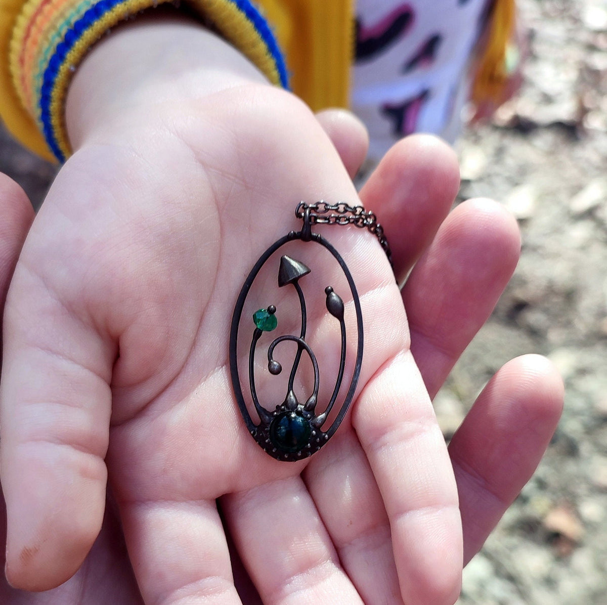 Green Glass Mushroom Necklace – Blackened Copper Oval Forest Pendant – Magic Mushroom