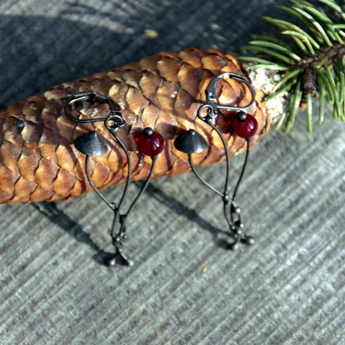 Red Glass Mushroom Earrings – Blackened Copper & Pewter Forest Dangles – Botanical